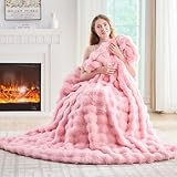 Lotus Karen Faux Fur Throw Blanket Pink - Big Bubble Rabbit Fluff Blanket for Couch, Sall Fluffy Fuzzy Cozy Blanket,Thick Furry Plush Shaggy Blankets,60x80 Inches