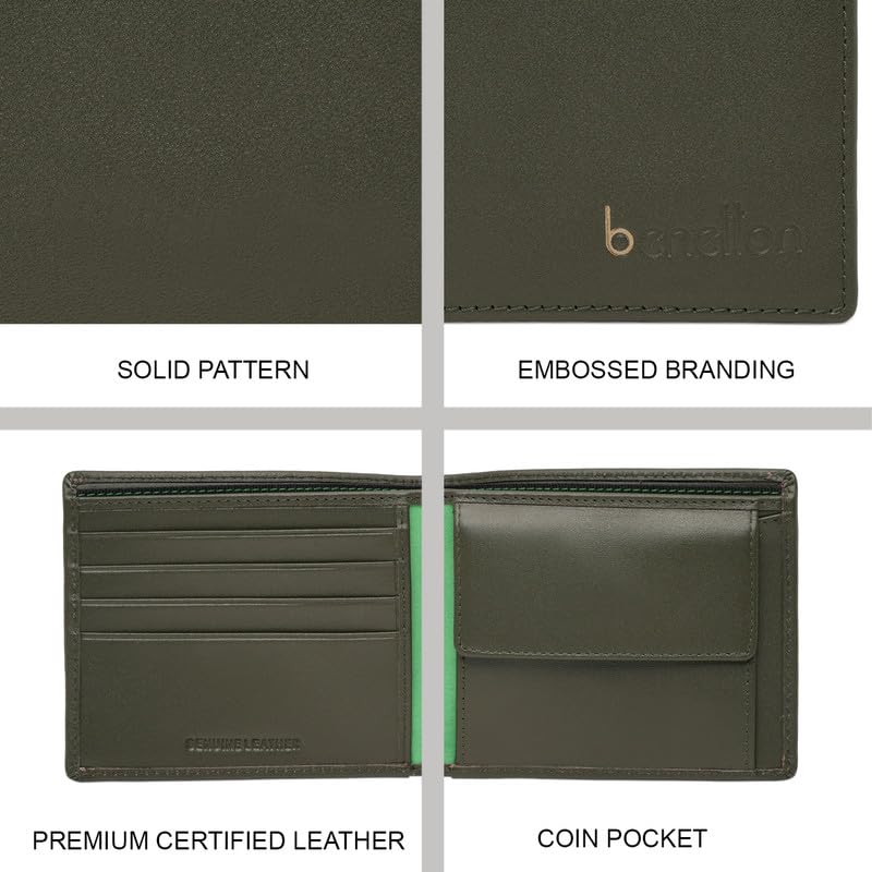 Image of United Colors of Benetton Men's Genuine Leather Global Coin Wallet Gweru - Olive | Slim Bifold with Secure Coin Pouch, 2 Compartments 4 Card Slots | Stylish Purse of Gents