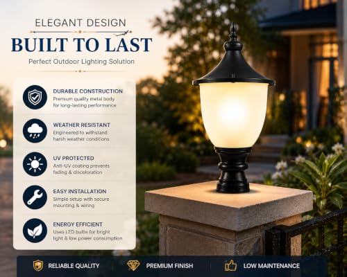 Image of SINOMAN Outdoor Gate Pillar Light | Metal & PVC Waterproof Post Lamp | Black Decorative Outdoor Garden Light for Boundary Wall, Entrance Gate, Balcony, Terrace & Villa(Without Bulb)