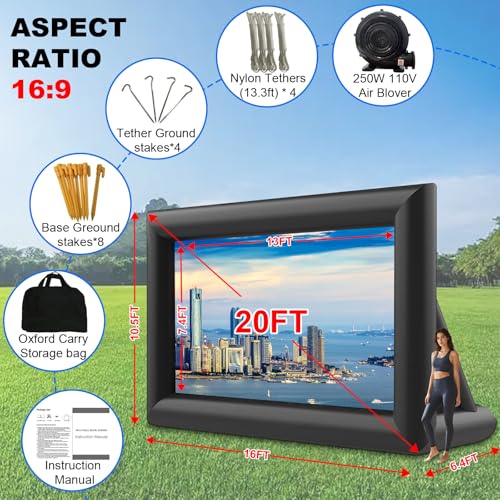 Image of GYUEM 20 feet Inflatable Portable Projector Movie Screen - Huge Air-Blown Cinema Projection Screen Package with Rope, Blower,Tent Stakes - Front & Rear Projection,for Outdoor Party Backyard Pool Fun