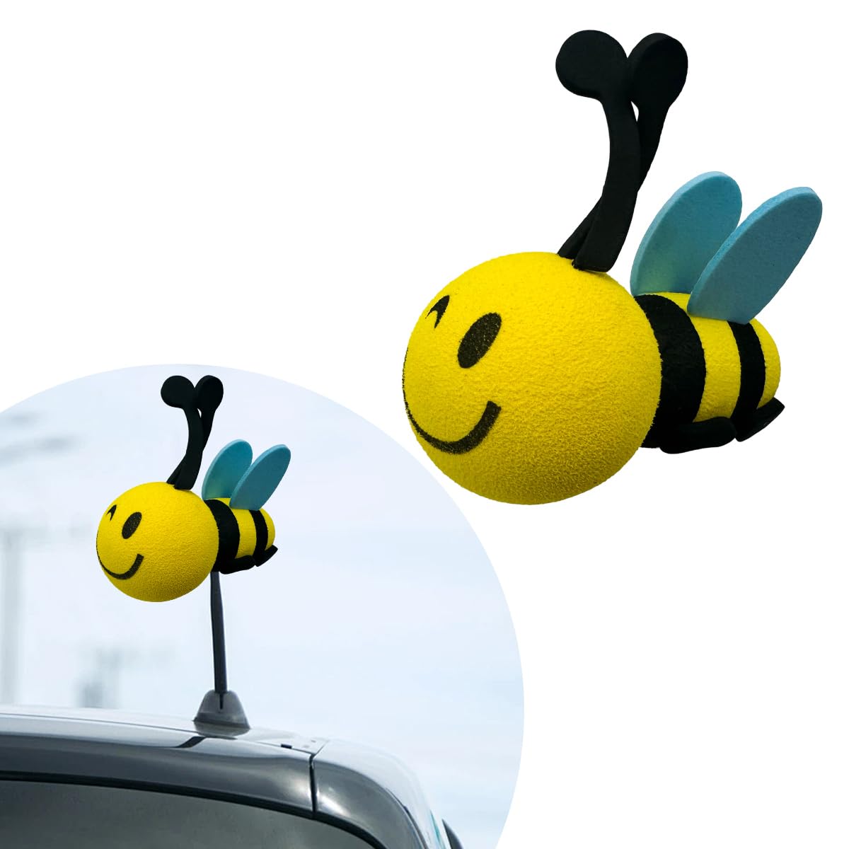 Bee Car Antenna Toppers, Automotive Roof Lovely Face Bumble Bee Antenna Balls Stickers Decor, EVA Funny Cute Honey Bee Antenna Hat for Vehicles, Universal Car Accessories (Blue, Blink)
