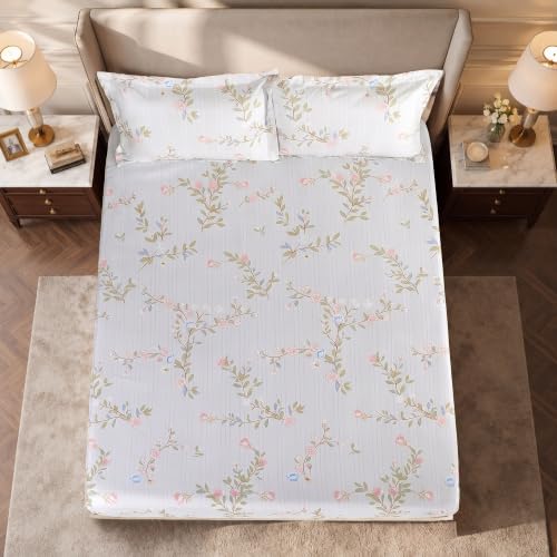 Image of Home Elegance from House of Mytrident | Linen Feel Bed Sheet for Double Bed King Size with Two Pillow Covers | Ultrasoft | Floral 274cm x 250cm | myTrident - Birch Mint