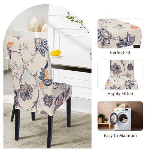 Image of SearchI Dining Room Chair Covers Set of 4, Stretch Printed Floral Parsons Chair Slipcovers Spandex Removable Washable Kitchen Chair Protector Cover for Dining Room, Hotel, Ceremony (Beige+Flower)
