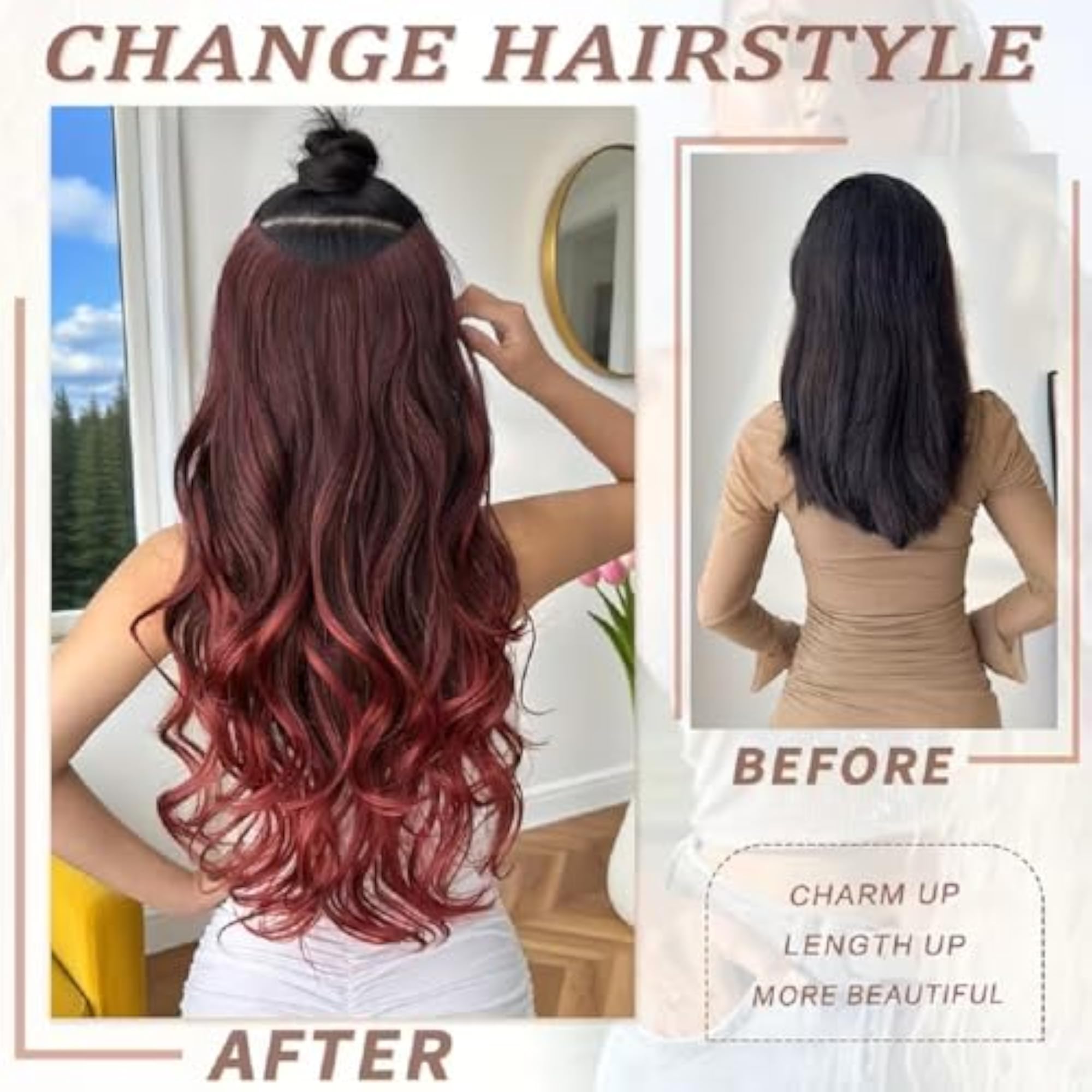 Long Curly Wavy Clip-In Hair Extensions, 5 Clips, Wine Mix Brown