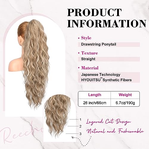 REECHO Ponytail Extension, 26" Long Beach Wave Drawstring Pony Hair Extension Synthetic Pony Tail Hairpiece for Women - Image 2