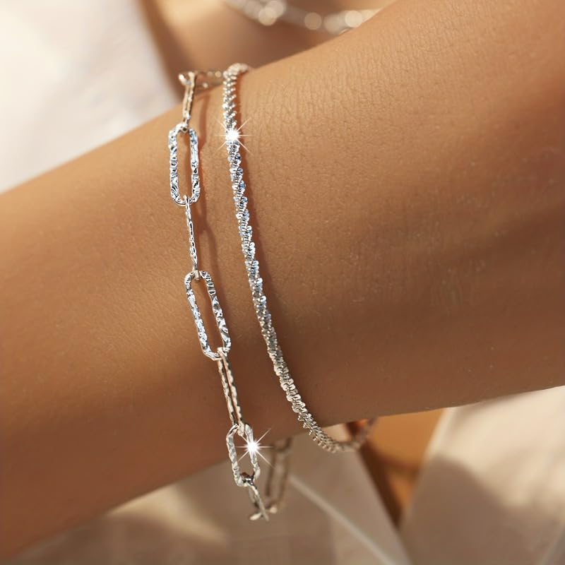2PCS 925 Sterling Silver Bracelet Set - Paper Clip Chain & Multi-Layer Design, Trendy Women's Jewelry for Party & Daily Wear