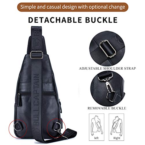 Image of BULLCAPTAIN Genuine Leather Sling Bag with USB Charging Port Multi-pocket Chest Bag for Men Hiking Travel Daypack XB-129