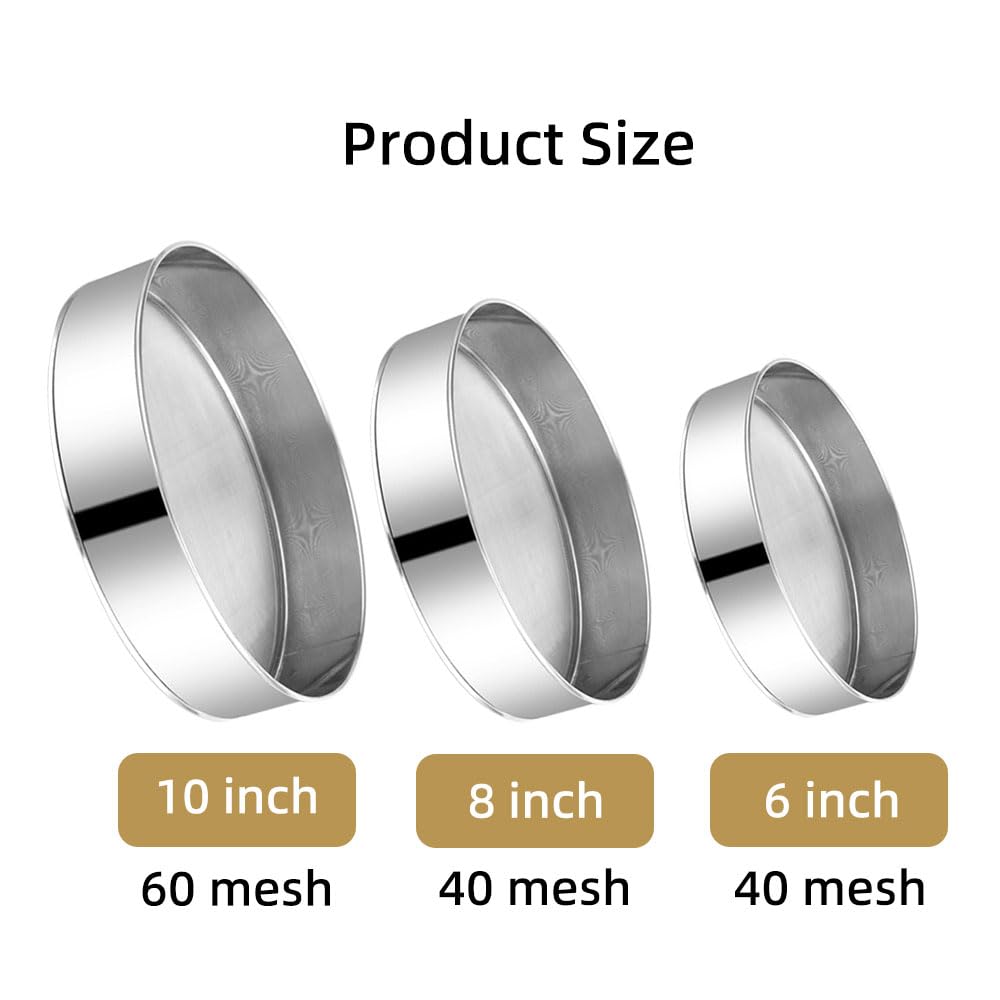 Siticoto Sieve Fine Mesh, 3 Pcs Stainless Steel Round Flour Sifter for Baking Straining Powdering Cake Pies Pastries Cupcakes (6/8 Inch 40 Mesh, 10 Inch 60 Mesh)