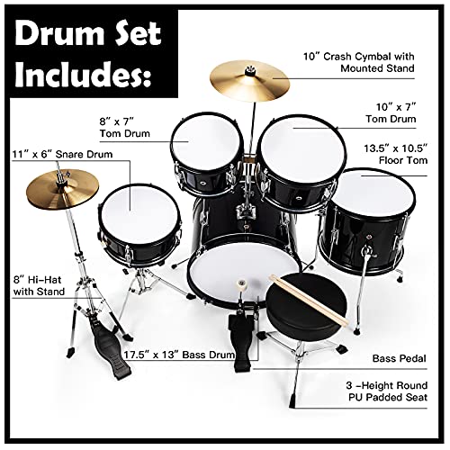 Costzon 16” Kids Drum Set, 5-Piece Full Size Complete Junior Drum Set With Adjustable Throne, Cymbal, Hi-Hat, Pedal & Drumsticks, Beginner Drum Kit With Bass Snare Tom Drum, Age 3-12, Black #TOP2