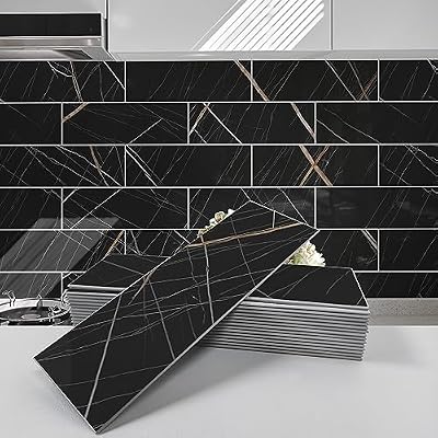 Avant Decor | Sample Tile | Stone Composite Subway Stone Texture Tiles | Peel and Stick Kitchen Backsplash Tiles | Wall Tiles | 4” x 12” | Bex Metro Glossy Noir