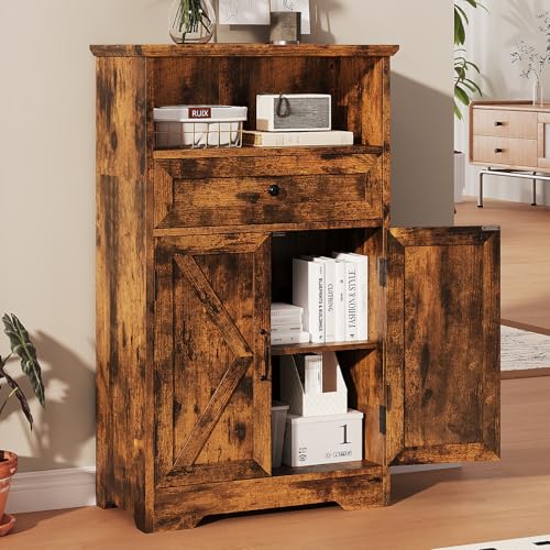 Image of Viroformo Floor Cabinet, Farmhouse Storage Cabinet with Barn Doors and Drawer, Freestanding Adjustable Shelf Organizer for Bathroom, Kitchen, Living Room Rustic Brown