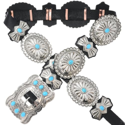 Navajo Sleeping Beauty Turquoise Concho Belt Full Size Hammered Silver Design on Genuine Leather 3193