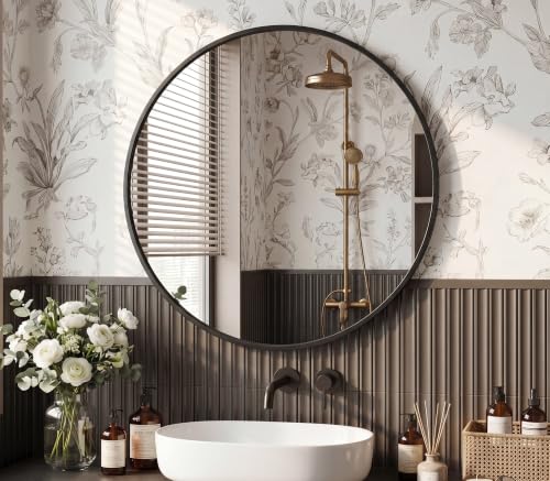 28 Inch Round Wall Mirror Bathroom Mirrors for Over Sink Anti-Rust Black