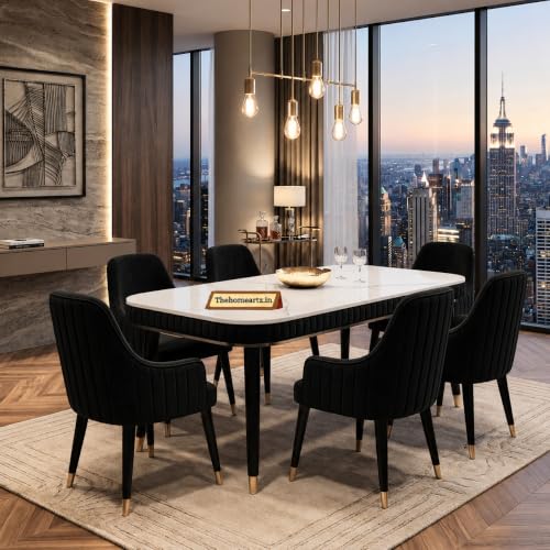 Image of The Homeartz 6-Seater Modern Wooden Dining Table Set | 1 Year Warranty | Created Italian Statuario Marble Top | Elegant Composite Marble Table with 6 Chairs (Black)