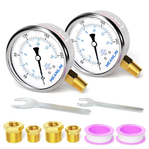 MEANLIN MEASURE 0~200Psi Stainless Steel 1/4" NPT 2.5" FACE DIAL Liquid Filled Pressure Gauge WOG Water Oil Air Lower Mount (Pack of 2), with 1/2" NPT and 3/8" NPT Hex Bushing
