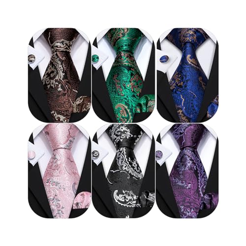 Image of Barry.Wang Men Tie Classic Silk Gift Necktie With Tie Clip Jacquard Woven Neck Ties 6PCS Formal Wedding