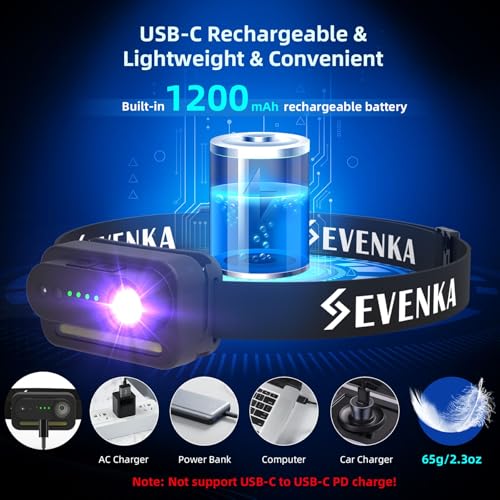 Image of SEVENKA 2 UV Headlamp Flashlight Black Light, Rechargeable LED Hand Free Mini UV Blacklight 395nm Head Lights with White & Ultraviolet Light, Detector for Pet Dog /Cat Urine Stains,Bed Bug,Scorpions