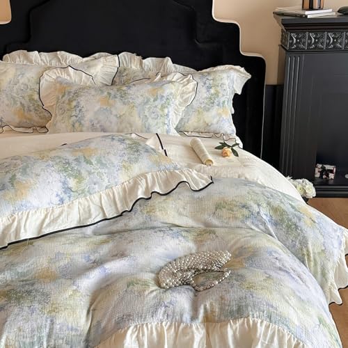 VM VOUGEMARKET Muslin Cotton Duvet Cover Set King Shabby Watercolor Duvet Cover with Ruffles Soft Linen Like Gauze Comforter Cover with Zip Closure and Corner Ties- 104"x90"