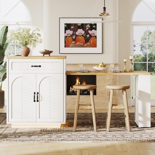 Merax Extendable Kitchen Island with Dining Table, Multifunctional Bar Table & Kitchen Cabinet with Wine Rack, LED Light, Drawers & Storage for Kitchen & Dining Room