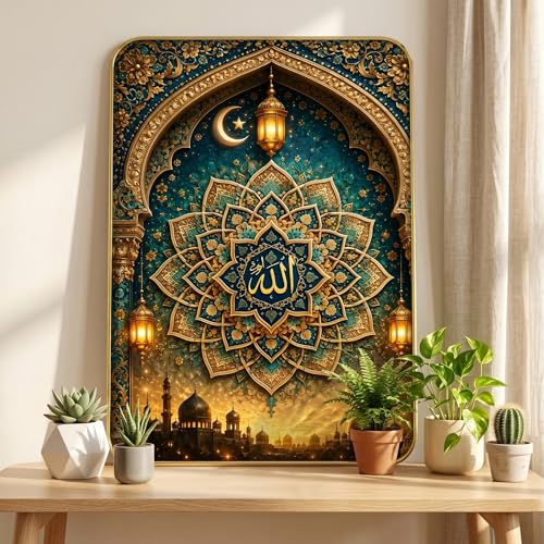 Image of SAF Islamic Allah Mandala Wall Painting with Premium PVC Golden Frame, Mosque Arch Lantern Arabic Art, Muslim Religious Home Decor for Prayer Room Living Room (13x19 Inch) MG-36045