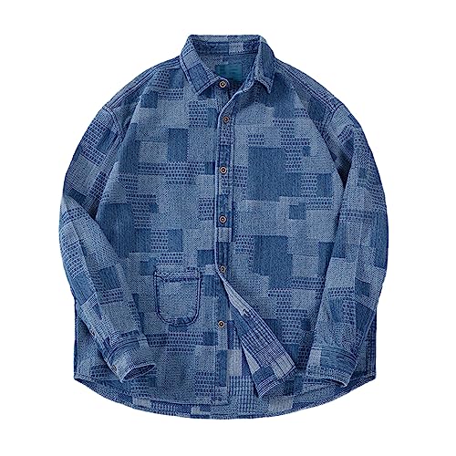 【tokio】 vintage shirt patchwork jacket Japanese Retro Denim Shirts For Men Jacquard Patchwork Long-Sleeve