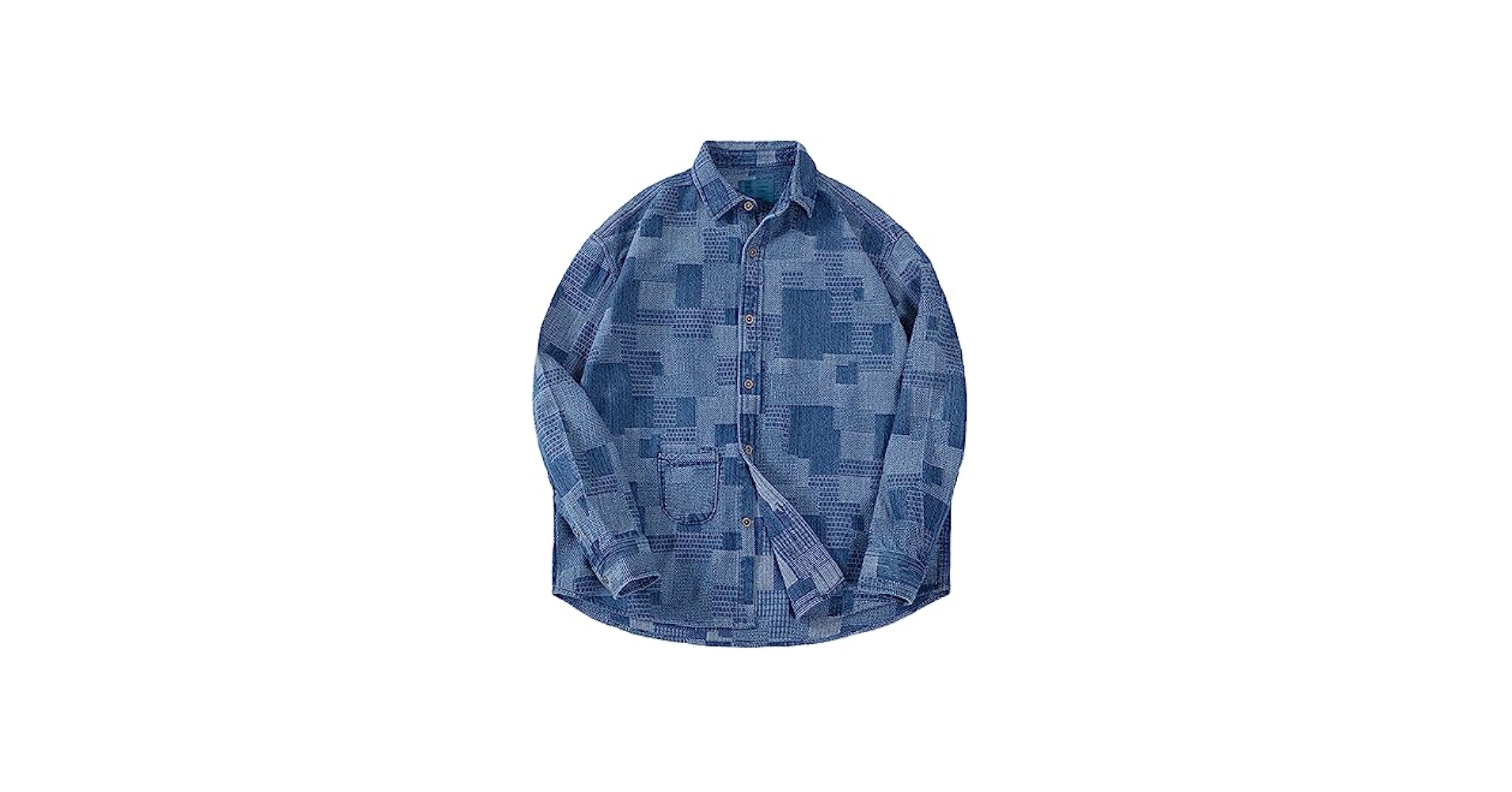 Japanese Retro Denim Shirts For Men Jacquard Patchwork Long