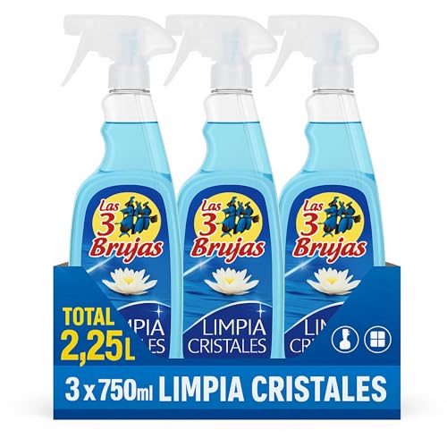 Limpia Cristales Líquido en Spray, Limpiacristales Las 3 Brujas, Apto Para Limpieza de Ventanas, Espejos y Superficies de Vidrio o Cristal, Fragancia Clásica, Pack de 3 botes de 750 ml