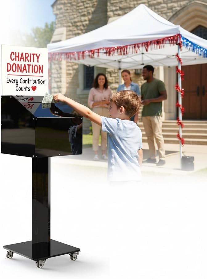 Large-Capacity Acrylic Suggestion Box with Lock & Sign Holder, Floor-Standing Ballot/Donation/Raffle Box on Stand with Wheels, 13.8 in Cube (39.6 in Tall), Black