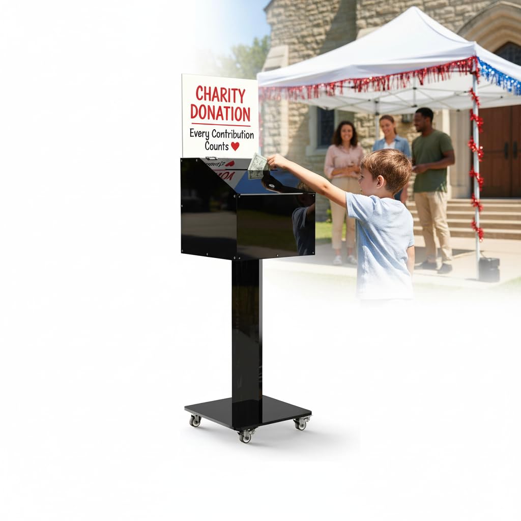 Large-Capacity Acrylic Suggestion Box with Lock & Sign Holder, Floor-Standing Ballot/Donation/Raffle Box on Stand with Wheels, 13.8 in Cube (39.6 in Tall), Black