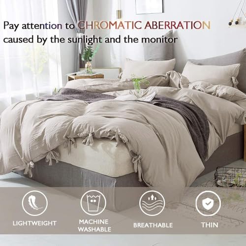 Image of annadaif Khaki Duvet Cover Full Size, 3 Pieces Duvet Cover Set | Soft Washed Comforter Cover ,Bowknot Bow Tie, (1 Duvet Cover 79x90 Inch, 2 Pillowcases) ,Easy Care Bedding Set