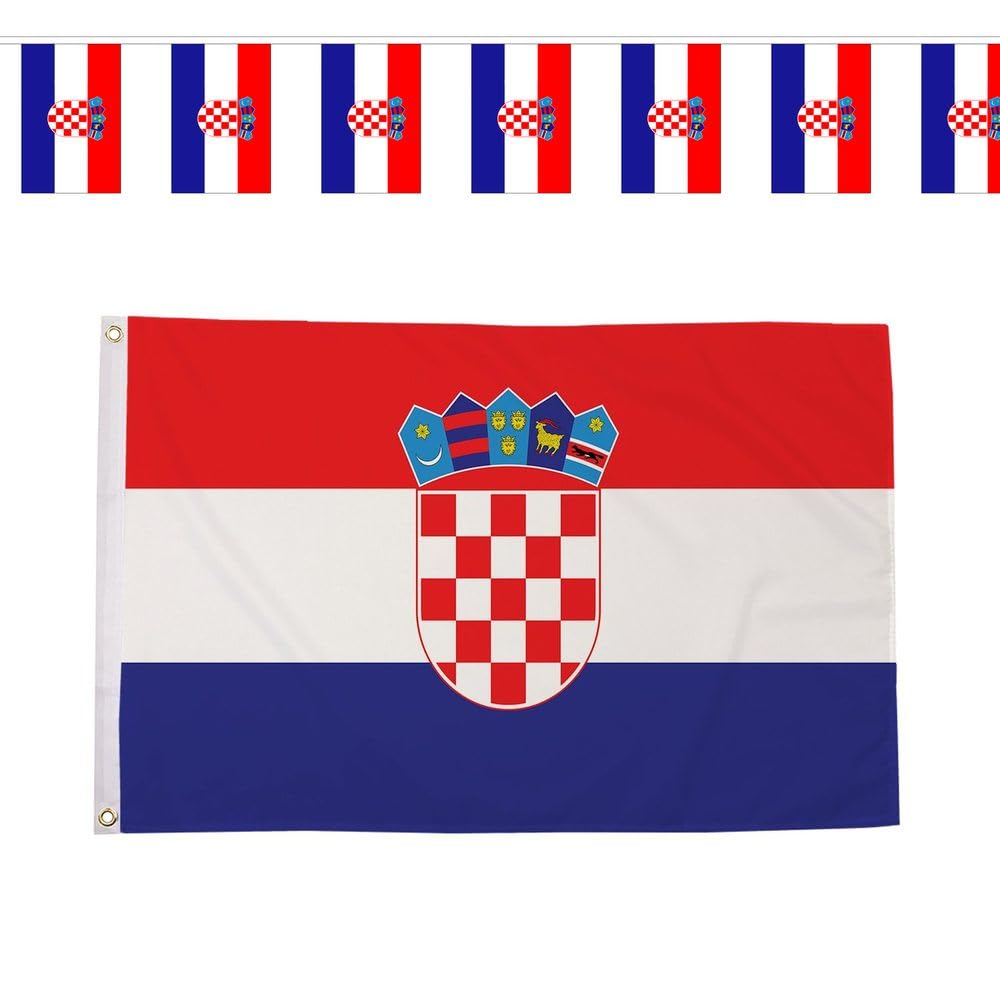Flagtex Croatia Vatreni World Cup 2026 Medium Team Bundle Includes 5ft x 3ft Premium Polyester Flag and 9m Rectangle Bunting Football Fan Pack Indoor Outdoor Decoration