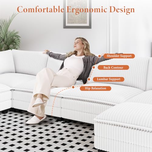 Image of Vesgantti 109 inch L Shaped Cloud Sectional Couch, Comfy Corduroy Upholstered Modular Couches for Living Room, Modern Modular Sectional Sofa with Ottoman Deep Seat, Warm White