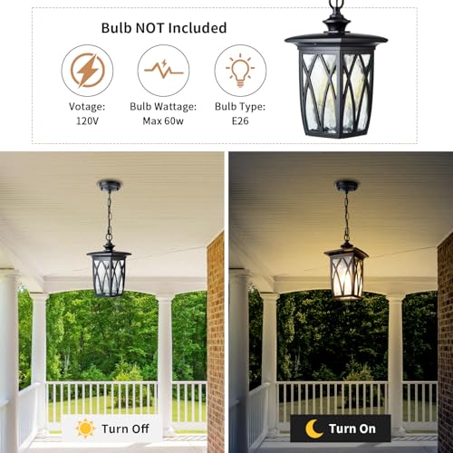 Image of 12'' Outdoor Pendant Light Fixture, Exterior Hanging Lantern, Modern Black Metal Outside Chandelier Light Fixture Ceiling Mount with Water Ripple Glass & Adjustable Chain for Porch, Gazebo, Front Door