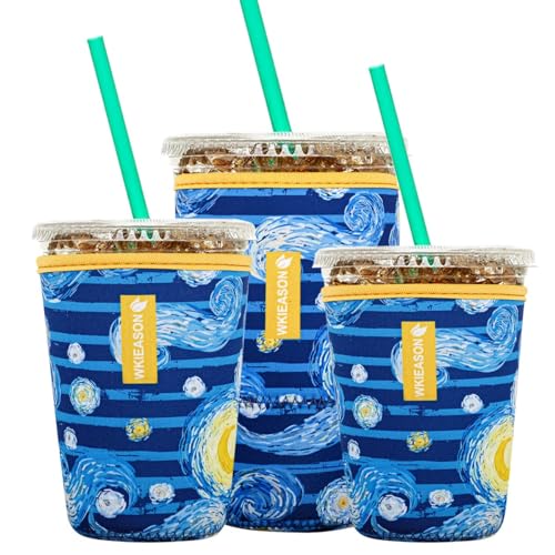 Image of Reusable Iced Coffee Insulator Sleeve for Cold Beverages and Neoprene Cold Coffee Cup Sleeves Cooler Cover 16-32OZ for Coffee Cups, McDonalds, Dunkin Donuts, More (Art print blue)