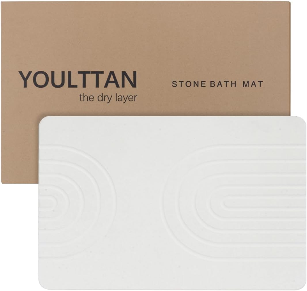 Stone Bath Mat 24"x16" - Diatomaceous Earth Shower Mat, Quick Dry, Anti-Slip, Easy Clean, Modern Design with Bonus Non-Slip Pad - Perfect for Home Safety and Style, White Semicircle White-wave