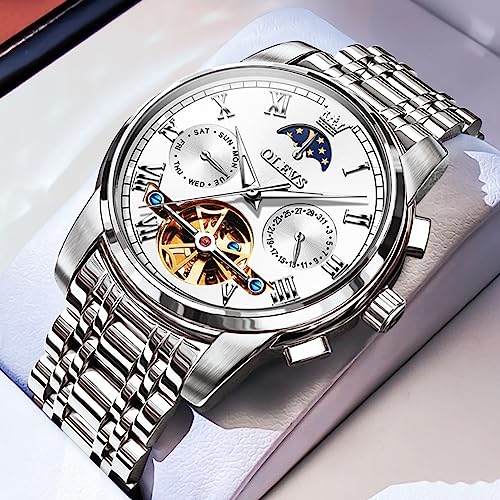 Image of OLEVS Men Watch Automatic Mechanical Skeleton Moon Phase Dress Business Stainless Steel 3AT Waterproof Luminous Men Wrist Watch