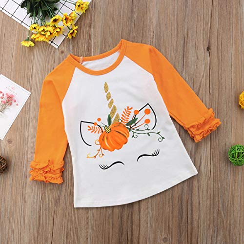 Toddler Kids Baby Girl Unicorn Pumpkin Ruffles Long Sleeve T-Shirt Tops Outfits (1T) - Thumbnail 5