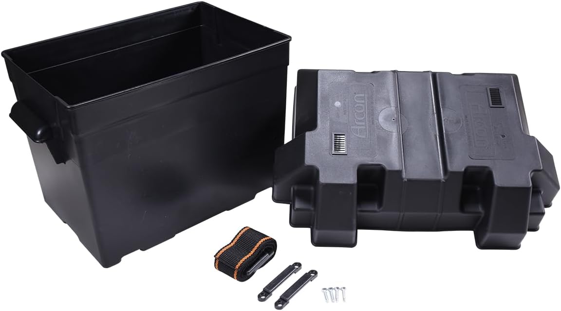 Arcon Battery Container 13034, Fits Group 24 Batteries, Strap Style Box, Black, Polypropylene, Vented, with Box/Lid/Strap/Mounting Brackets/Stainless Screws