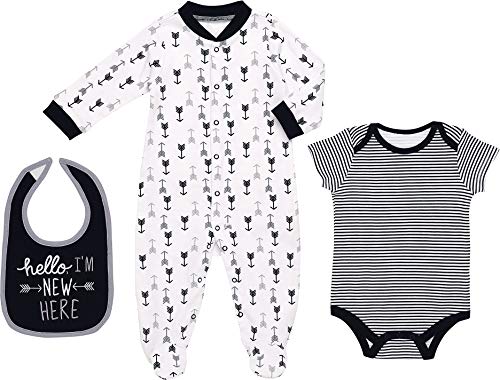 Mini B. by Baby Starters 3-Piece Layette Set with Sleep and Play, Bodysuit and Cloth Bib (White/Hello I'm New Here, 3-6M)