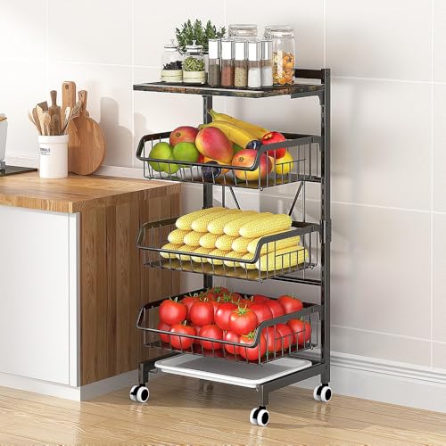 El Mejor Listado de Fruteros con pisos , tabla con los diez mejores. 41 QEUUNEY Cesta de Frutas para Cocina, Cesta de Alambre Extraíble Grande de 4 Niveles con Tapa y Ruedas, Carrito de Almacenamiento de Cocina para Frutas Verduras Cebollas Papas...