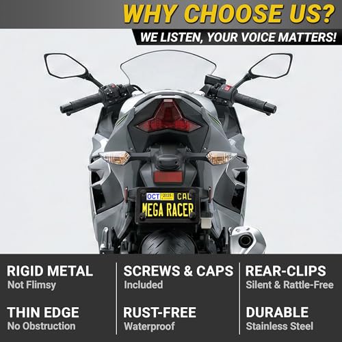 Image of Premium Motorcycle Matte Black License Plate Frame, Rust-Free Stainless Steel, Rattle-Free Thin Metal & Street Legal, Universal Fit Tag Holder for Harley Davidson, Bike, Scooter, Porta Placa Para Moto