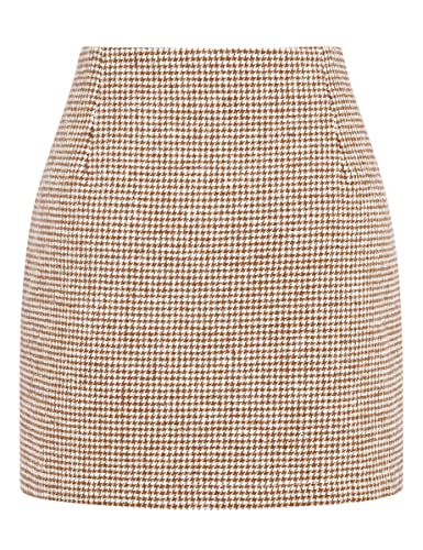 Image of IDEALSANXUN Plaid Skirts for Women Trendy Fall Winter 2023 High Waist Bodycon Pencil Wool Mini Skirt(Grid Camel, S)