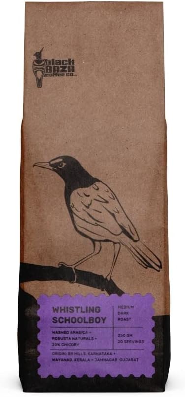 Black Baza Coffee, Whistling Schoolboy, Medium-Dark Roast, Freshly Roasted, Organic, Blend of 20% Chicory with Arabica & Robusta (Medium Fine Grind, 250 grams)