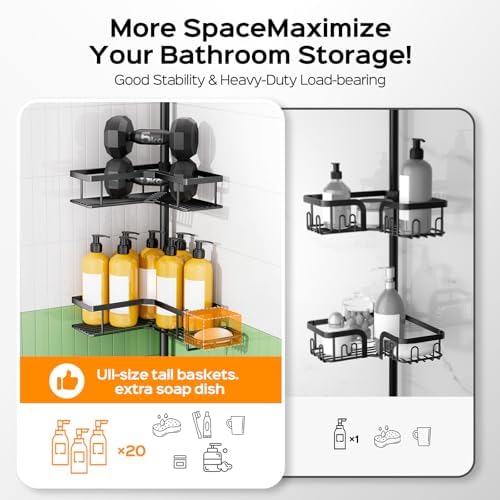 HAMITOR Shower Caddy Tension Pole: 4-Tier Corner Rustproof Bathroom Organizer with Soap Holder & Hooks - No-Drill Adjustable Shower Shelf for Renters - Family Stand Storage Rack - 47-123 Inch Black - Image 5