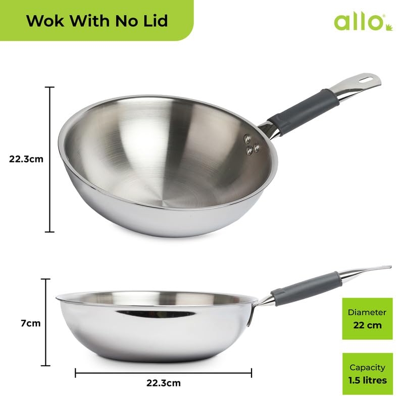 Image of Allo Triply Stainless Steel Wok for Deep Fry /Stir Fry /Dry Veg /Saute /Chinese Wok Cooking /Noodles Induction Friendly Naturally Non-Stick | 10 Years Warranty, 20Cm, 1.5 Litre