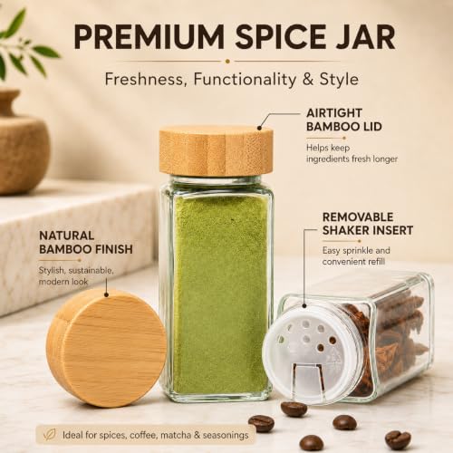 Image of Ginoya Brothers Airtight Square Glass Spice Containers with Black Shaker Lid - Ideal for Masala, Herbs, Seasoning & Kitchen Pantry Organization. (Pack OF-10)