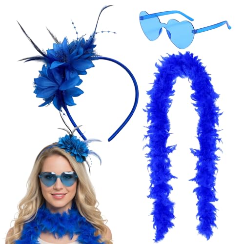 Federboa Blau, 3-teiliges Set mit Haarreif, Brille und Schal, Federboa Bunt für Kostüme und Accessoires, Federboa in Kobaltblau, Feather Boa, Feder...