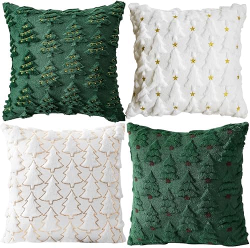 Huaerle Christmas Throw Pillow Covers,Christmas Trees Decorative Pillow Covers,Xmas Winter Tree Faux Fur Cushion Covers,3D Embroidered Pillow Cases for Couch Bedroom Living Room Decor