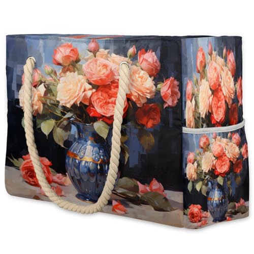Watercolor Rose Large Beach Bag Waterproof Beach Bag for Women Oversized Sandproof Beach Tote Bag with Zipper for Gym Travel Daily Pool Bag Big Tote