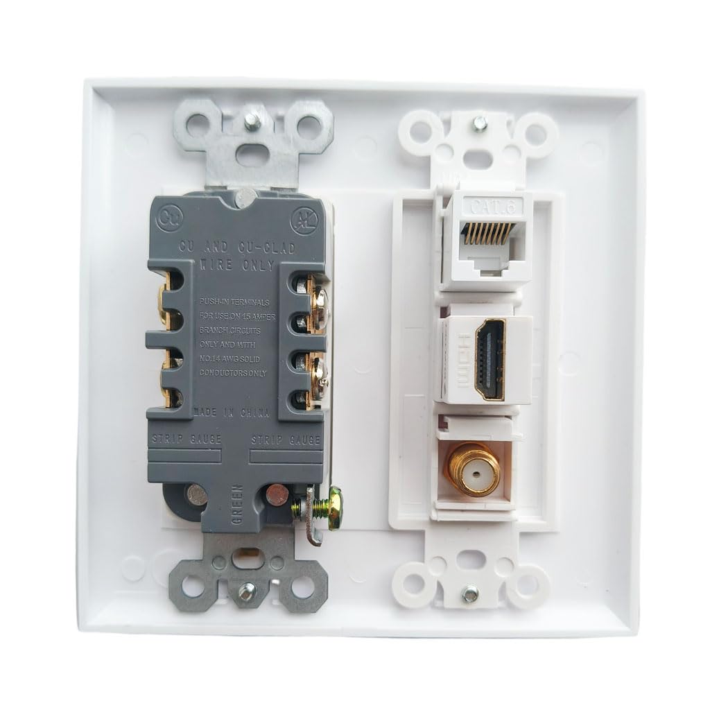 Double Gang 20Amp Power Outlet with Ethernet Coax HDMI Wall Plate - Electrical Wall Outlet with 1 Port HDMI + 1 CAT6 RJ45 Keystone Jack + 1 Coax Cable TV F Type Face Plate - White